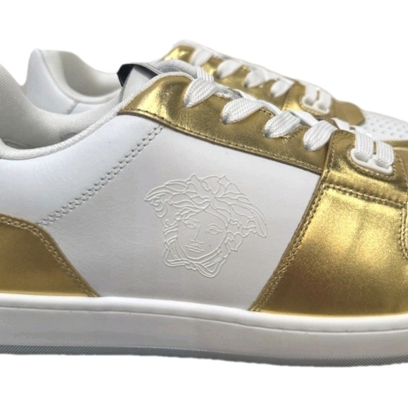 Versace Gold Medusa Logo Laminated Leather Sneakers EU 43.5 US Men's Size 10.5 - Picture 3 of 12